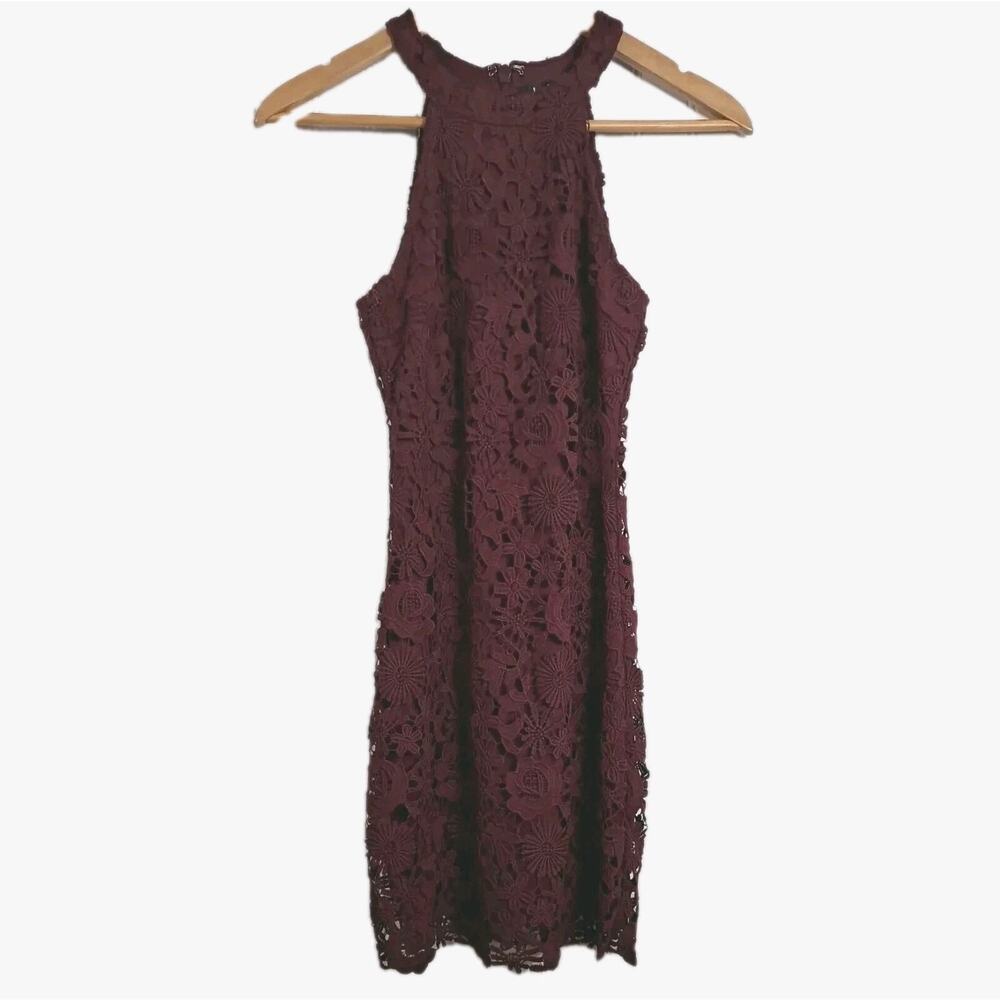 Lulus Love Poem Mini Dress Womens Small S Burgundy Floral Lace High Neck Halter